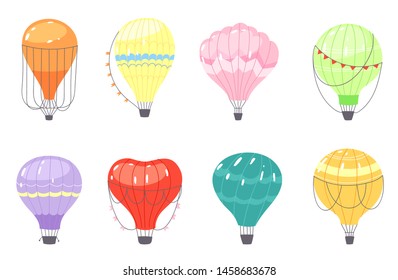 Colorful set of hot air balloons or aerostat with basket in different shapes flying in sky with clouds. Vector illustration of traveling flying toy for poster, wallpapers, cards