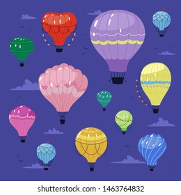 Colorful set of hot air balloons or aerostat with basket in different shapes flying in night sky with clouds. Vector illustration of traveling flying toy for poster, wallpapers, cards