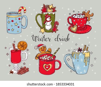 Colorful set of hot winter drinks with calligraphy on an isolated background. Vector illustration.