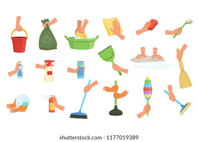 Colorful set of human hands using rag, dust brush, mop, broom, scoop and plunger. Equipment for cleaning house or car. Cartoon flat vector design