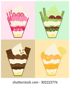 colorful set of Icecream with strawberry orange chocolate green tea. vector illustration