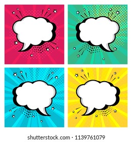 Colorful set icon of white empty speech bubbles with stars and dots in pop art style. Comic sound effects in pop art style. Vector illustration