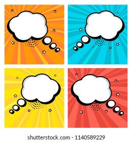 Colorful set icon of white empty speech bubbles with stars and dots in pop art style. Comic sound effects in pop art style. Vector illustration