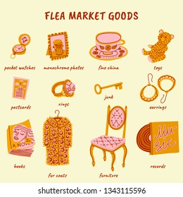 Colorful Set Of Icons About Vintage And Thrift Shopping. Items Sold At Flea Markets And Garage Sales. Hand-drawn Cartoon Style. Warm Colors. Use As Design Element For Web Or Print.