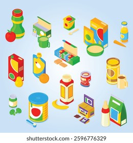 Colorful set of icons with baby food and drinks 3d isometric isolated vector illustration