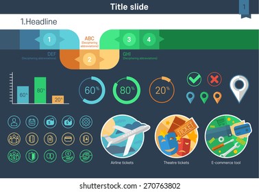 Colorful set of icons and graphics on presentation template.