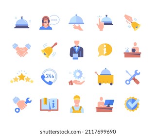 Colorful set of icons with maintenance and service. Stickers with restaurant menu, round clock support service, handshake and manager. Cartoon flat vector collection isolated on white background