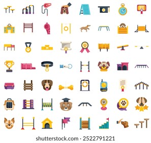 Colorful set of icons representing activities and equipment for dog training, including agility courses, obedience training, and dog care
