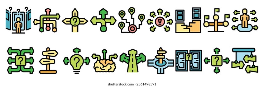 Colorful set of icons representing decision making, strategy planning, problem solving, career path choosing and solution finding