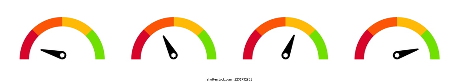 Colorful set icons of speedometer. Arrow in dashboard. Car indicator sign. 