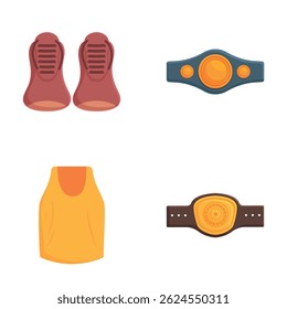 Colorful set of illustrated superhero costume elements including boots, belts, and a cape