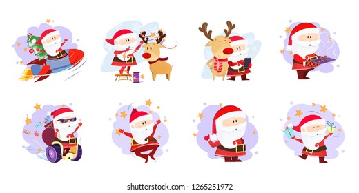 Colorful set illustration with Santa and deer. Santa Claus with deer in different poses. Can be used for topics like Christmas, winter, festivals, Happy New Year