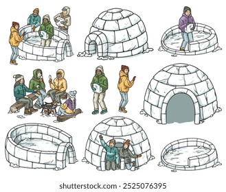 Conjunto colorido de ilustrações que retratam pessoas desfrutando de atividades de inverno, incluindo construção, entrada e aquecimento em torno de uma fogueira perto de iglus