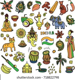 Colorful set of Indian objects, items and symbols. Hand drawn vector doodle elements.