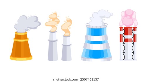 Colorful set of industrial chimneys emitting smoke pollution from manufacturing factory, global warming concept