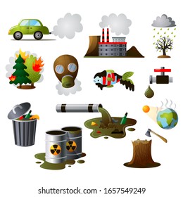 Colorful set of industrial polutions. Vector illustration in the flat cartoon style.