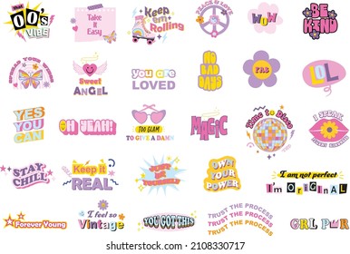Colorful Set Of Inspirational Quotes And Doodles In 90s And Y2k Style Design. Pop Art Style Graphics For T-shirts, Posters, Cards And Stickers.