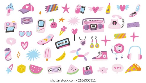 Colorful set of Inspirational quotes and doodles in 90s and Y2k style design. Vector collection of Cool Cute Stickers. Trendy Girly Patches Collection. Smile Emotions. Funky, hipster retrowave pack