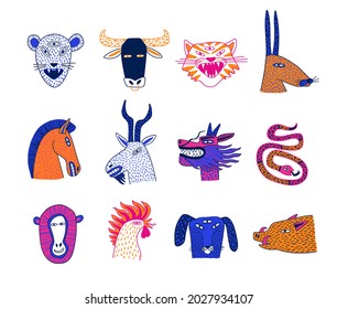 Colorful set of isolated asian horoscope characters. Funky Chinese zodiac animals collection. Vector illustration. 