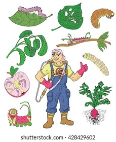 Colorful set with isolated garden insects and exterminator. Pest control and garden concept.  Larva, caterpillars and worms, handsome man with professional equipment. Colorful doodle and vector icons