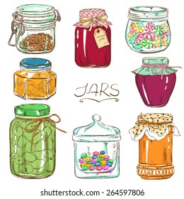 Colorful set of isolated mason jars with jam, honey, cookies, confiture, canned olives and sweets