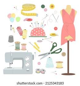 Colorful set of items for sewing, needlework. Vector illustration on white background. Sewing tools and equipment, needle, sewing machine, threads, buttons, pins, mannequin, chalk, thimble, pin