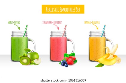 Colorful set of jars with smoothie drinks composed by fruits and berries ingredients realistic vector illustration