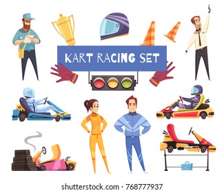 Colorful set of karting racers and equipment isolated on white background cartoon vector illustration