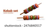 Colorful set of kebabs in 3D style. Wooden skewers with stringed meat and vegetables