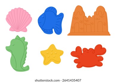 Colorful set of kids beach toys including shell, fish, crab, star, seahorse and sandcastle shapes. Concept evokes summer playtime, seaside fun and childhood creativity