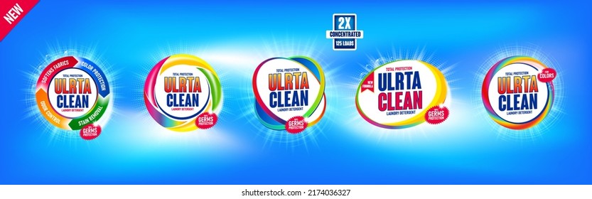 Colorful set laundry detergent templates. Mockups for Cleaning service, package design, Washing Powder and Liquid Detergents ready for branding and ads design. Сaring for colored items
