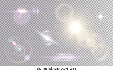 Colorful set of lens flares. Optic spaceship effects, sun, stars, horizontal shining. Golden, purple and white.