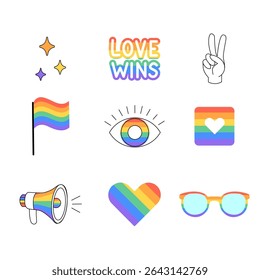 colorful set of LGBTQ pride icons including rainbow flags, hearts, slogans, peace symbols, and more. Perfect for stickers, social media posts, t-shirt designs, pride campaigns, and inclusive branding