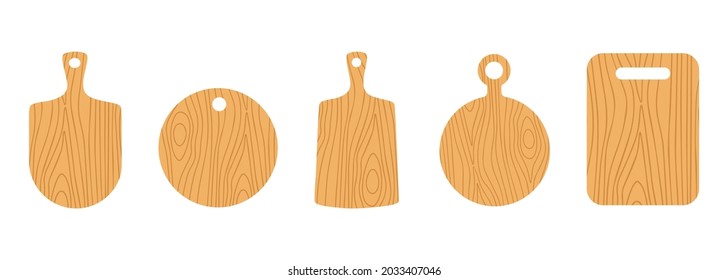 Colorful set of light wooden  different cutting board isolated on white background. Modern vector illistration