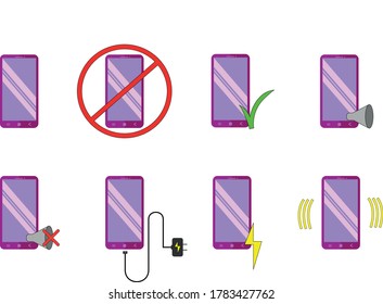 Colorful set of lilac purple modern smartphone icons with speakers, charging icons, charger and vibrations icons, prohibition sign to use phone and ok sign to use phone.