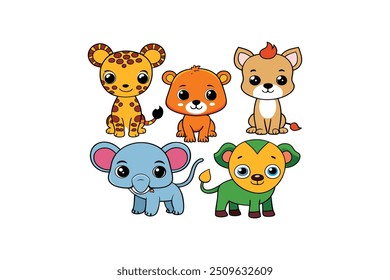 Colorful set of little cartoon animals characters. Baby animals icons set isolated on white background. 6