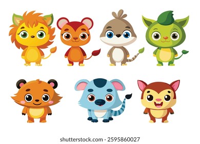 Colorful set of little cartoon animals, Animals riding on swings, forest animals with large eyes