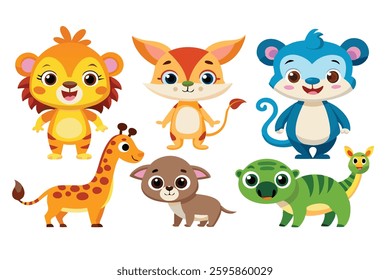 Colorful set of little cartoon animals, Animals riding on swings, forest animals with large eyes