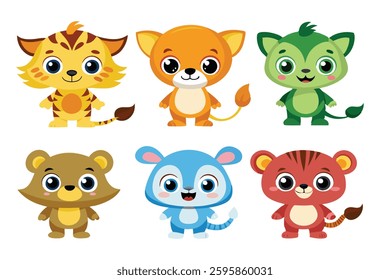 Colorful set of little cartoon animals, Animals riding on swings, forest animals with large eyes