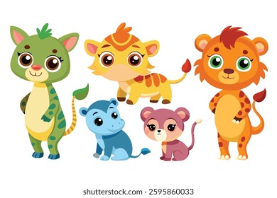 Colorful set of little cartoon animals, Animals riding on swings, forest animals with large eyes