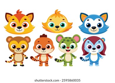 Colorful set of little cartoon animals, Animals riding on swings, forest animals with large eyes