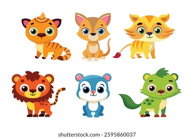 Colorful set of little cartoon animals, Animals riding on swings, forest animals with large eyes