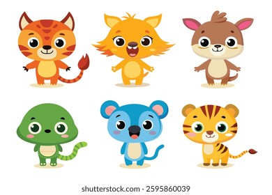 Colorful set of little cartoon animals, Animals riding on swings, forest animals with large eyes