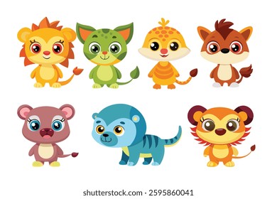 Colorful set of little cartoon animals, Animals riding on swings, forest animals with large eyes