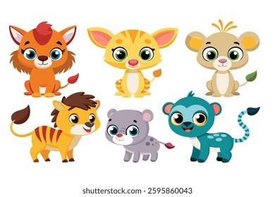 Colorful set of little cartoon animals, Animals riding on swings, forest animals with large eyes