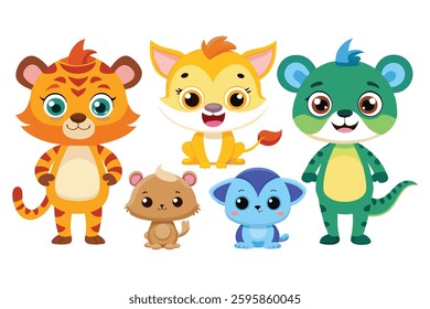 Colorful set of little cartoon animals, Animals riding on swings, forest animals with large eyes