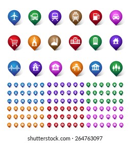 Colorful Set of Location, Places, Travel and Destination Pin Icons and Buttons for Navigation and Maps. Isolated Vector Illustration.