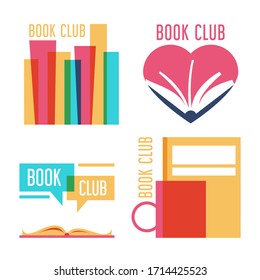 Colorful Set Of Logo For Book Club Vector Isolated. Read Books Together. Simple Style, Flat Design Of Logotype. Education Concept.