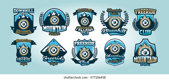 Colorful set of logos, emblems, bicycle sprocket mountains in the background, isolated vector illustration. Club downhill, freeride.
