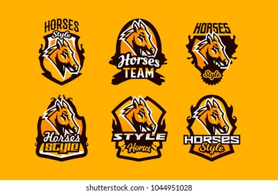 Colorful set of logos, icons, emblems, horse head. Stallion, animal, pony, sports club, shield, lettering. Vector illustration